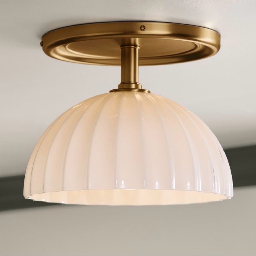 Rejuvenation Enzo Semi-Flush Ceiling Light with Ribbed Glass Shade aged Brass